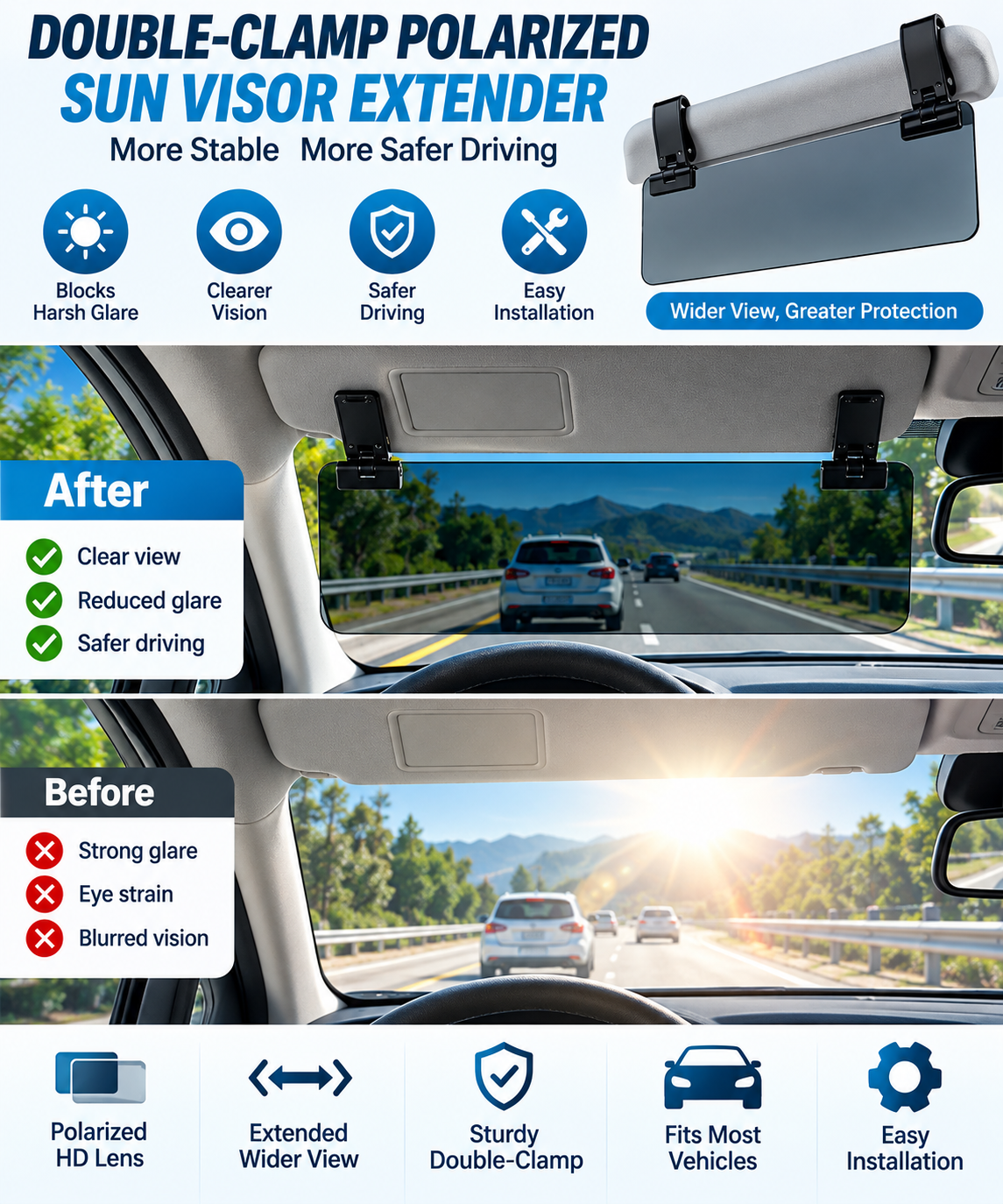 Car Sun Visor Extender with Polarized Glare Protection