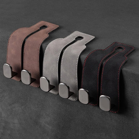 2-in-1 Premium Leather Car Headrest Hanger with Metal Hooks (1 Pair) PRO
