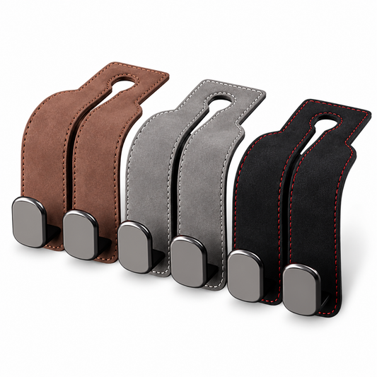 2-in-1 Premium Leather Car Headrest Hanger with Metal Hooks (1 Pair)