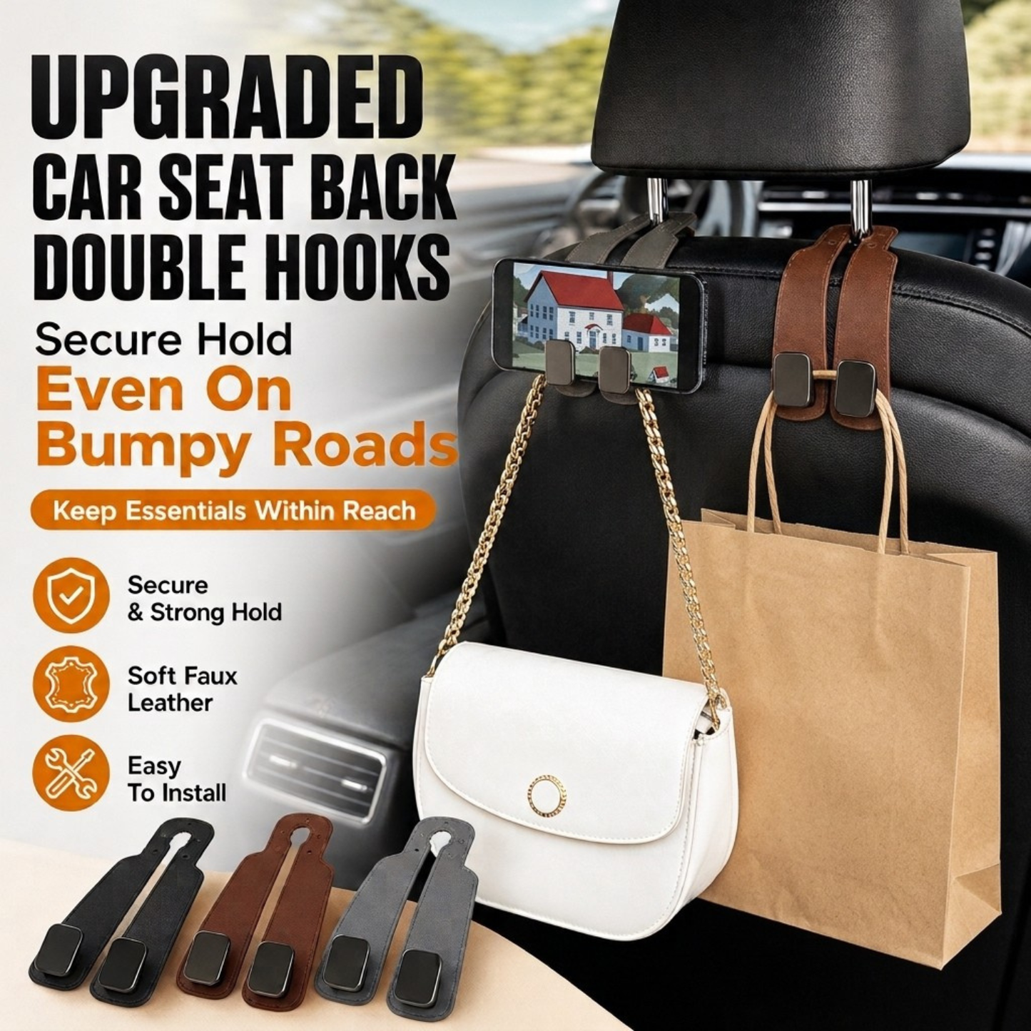 Upgraded Car Seat Back Double Hooks with Soft Faux Leather