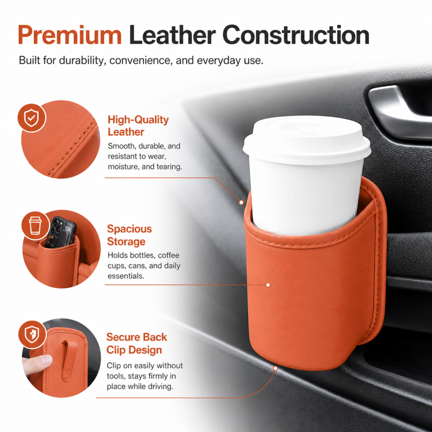 Leather Car Door Cup Holder