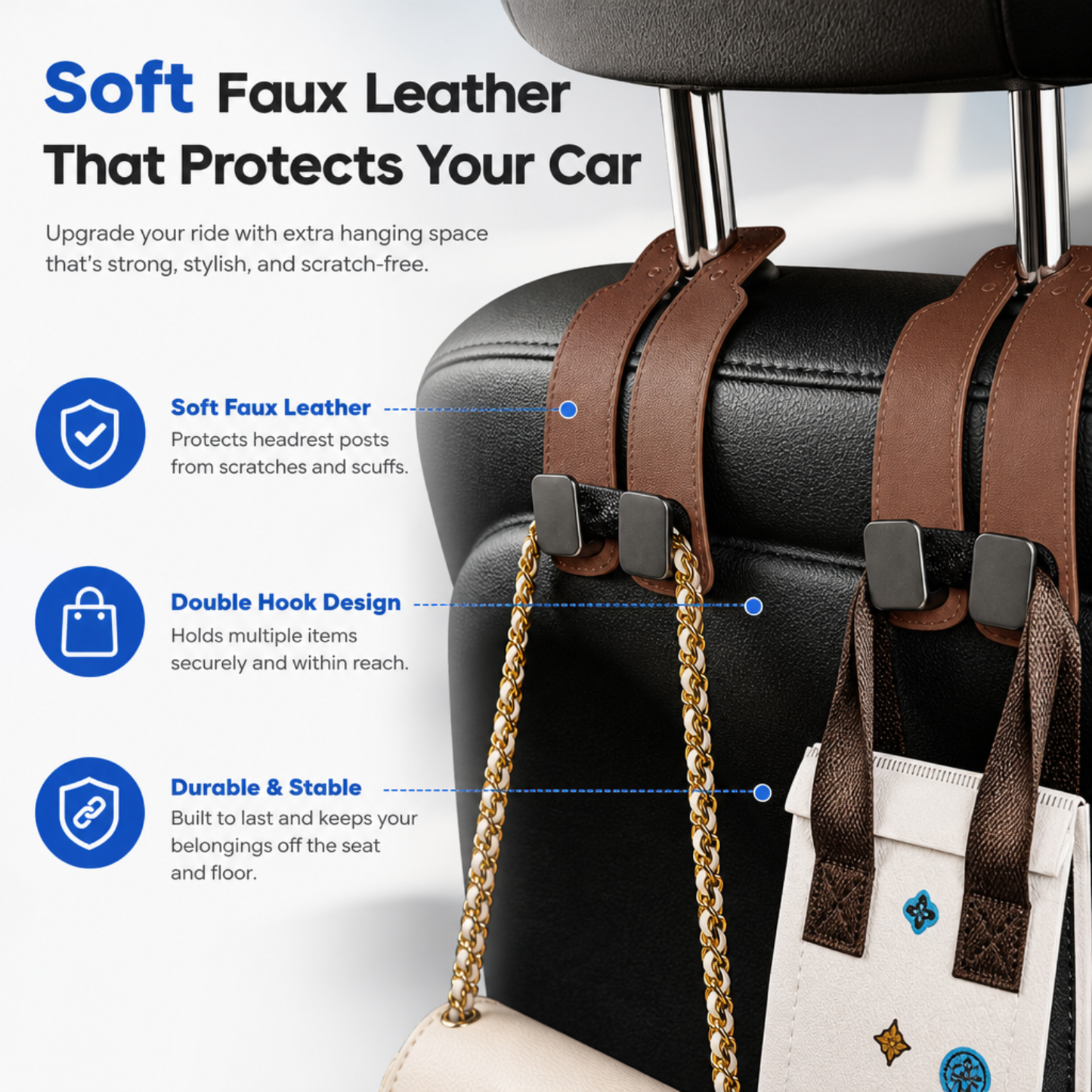 Upgraded Car Seat Back Double Hooks with Soft Faux Leather