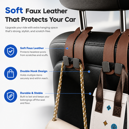 Upgraded Car Seat Back Double Hooks with Soft Faux Leather