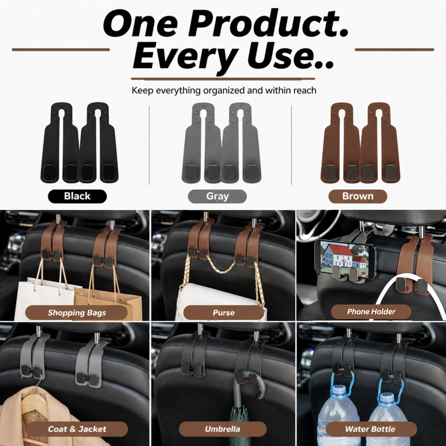 Upgraded Car Seat Back Double Hooks with Soft Faux Leather