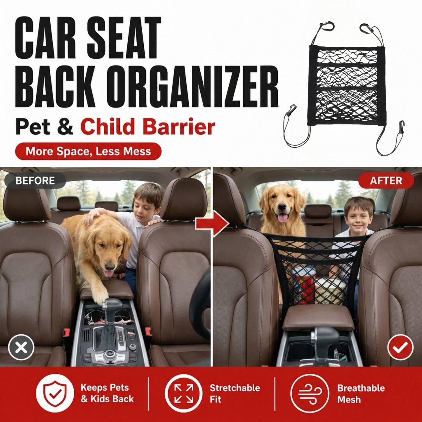 Car Seat Back Organizer & Pet/Child Barrier Net Pocket