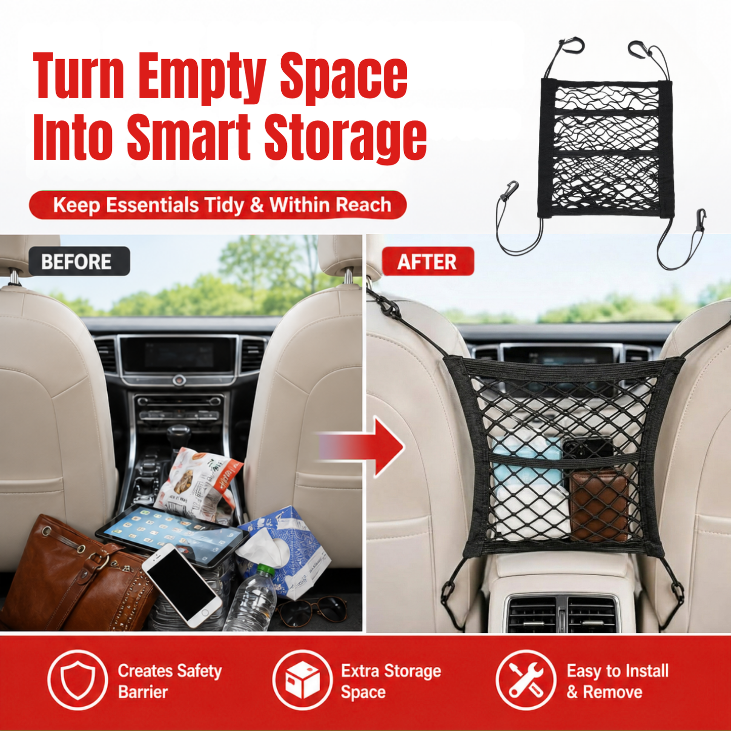 Car Seat Back Organizer & Pet/Child Barrier Net Pocket
