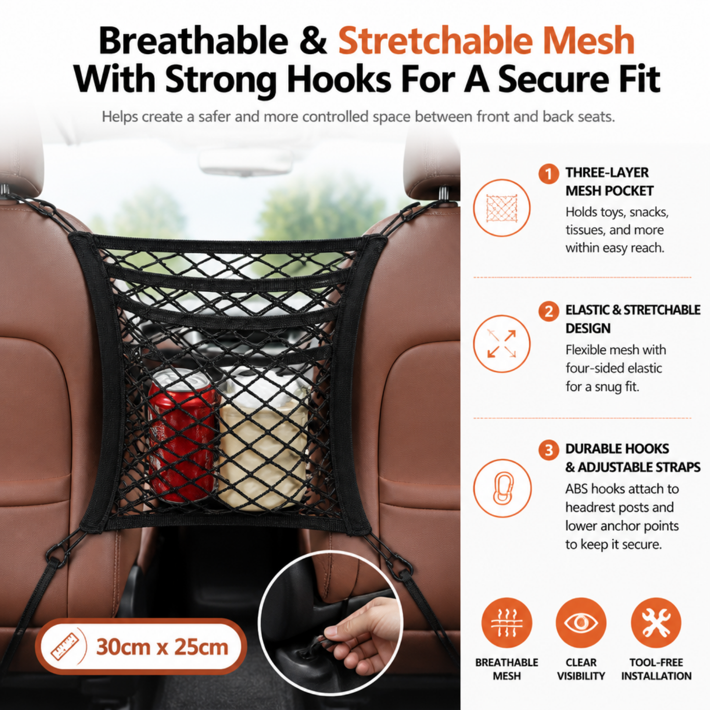 Car Seat Back Organizer & Pet/Child Barrier Net Pocket