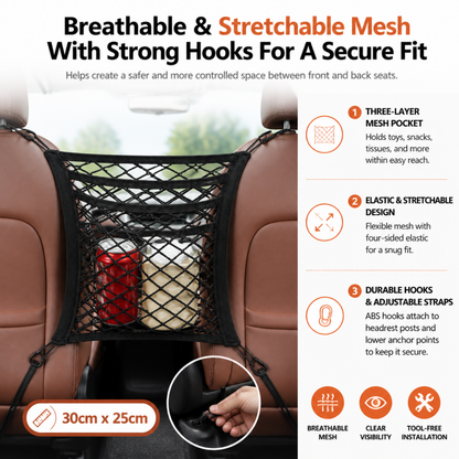 Car Seat Back Organizer & Pet/Child Barrier Net Pocket