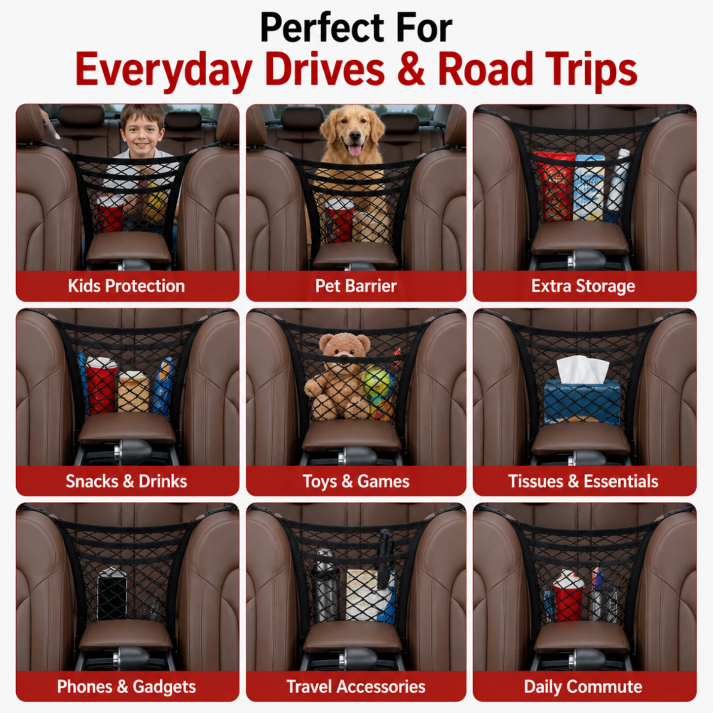 Car Seat Back Organizer & Pet/Child Barrier Net Pocket
