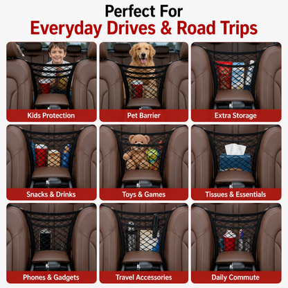 Car Seat Back Organizer & Pet/Child Barrier Net Pocket