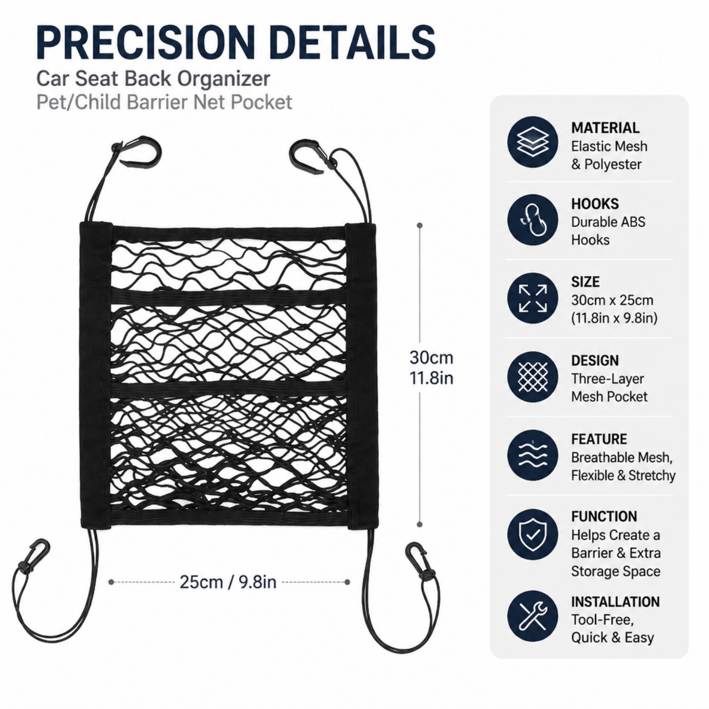 Car Seat Back Organizer & Pet/Child Barrier Net Pocket