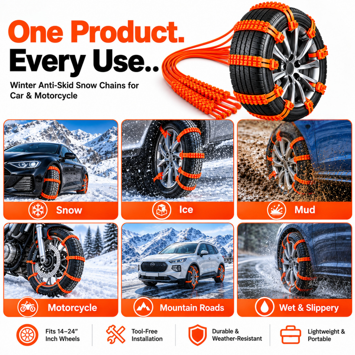 Winter Anti-Skid Snow Chains for Car & Motorcycle (5 PCS)