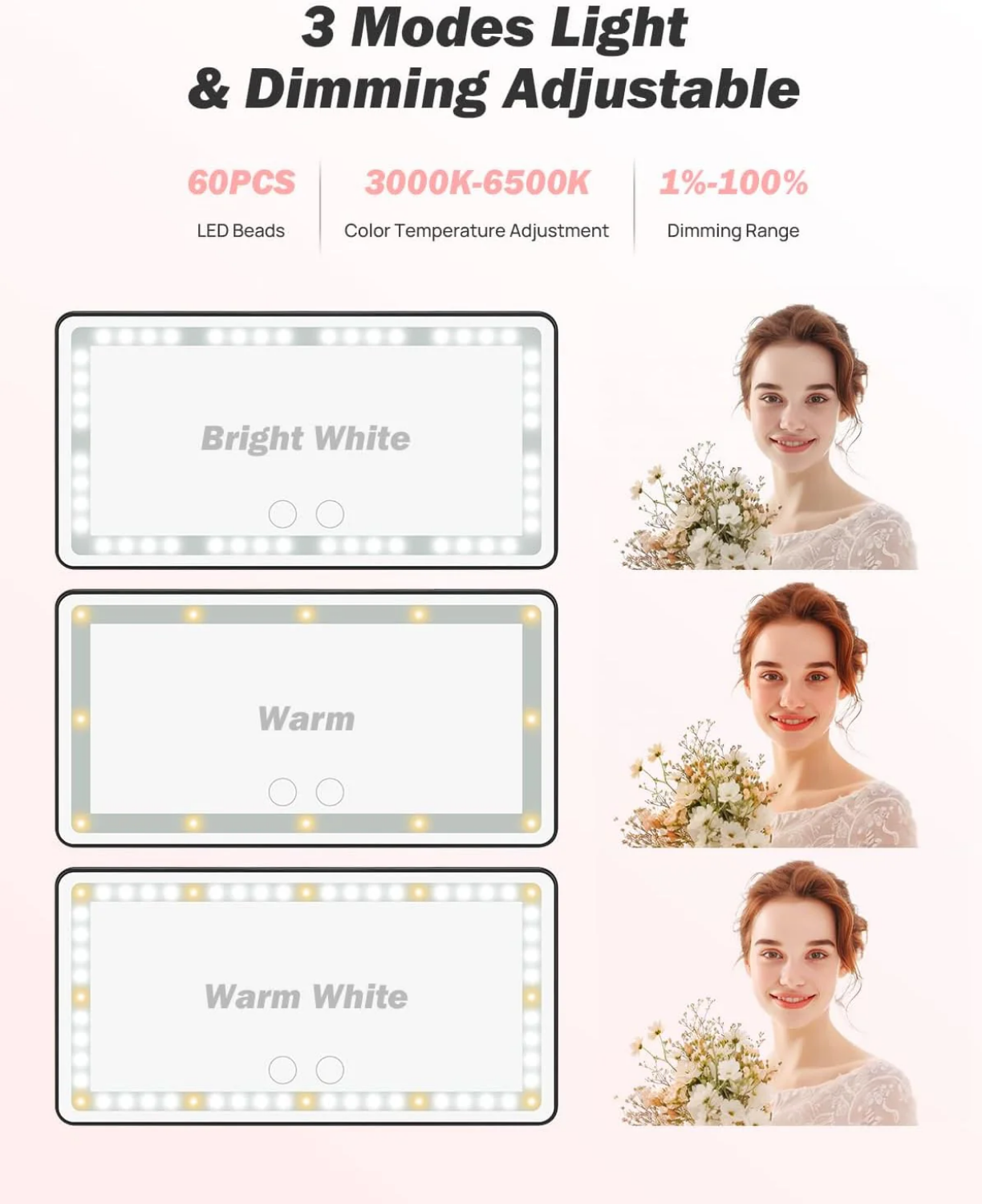 Car Sun Visor Vanity Mirror with 3 Light Modes & 60 LEDs