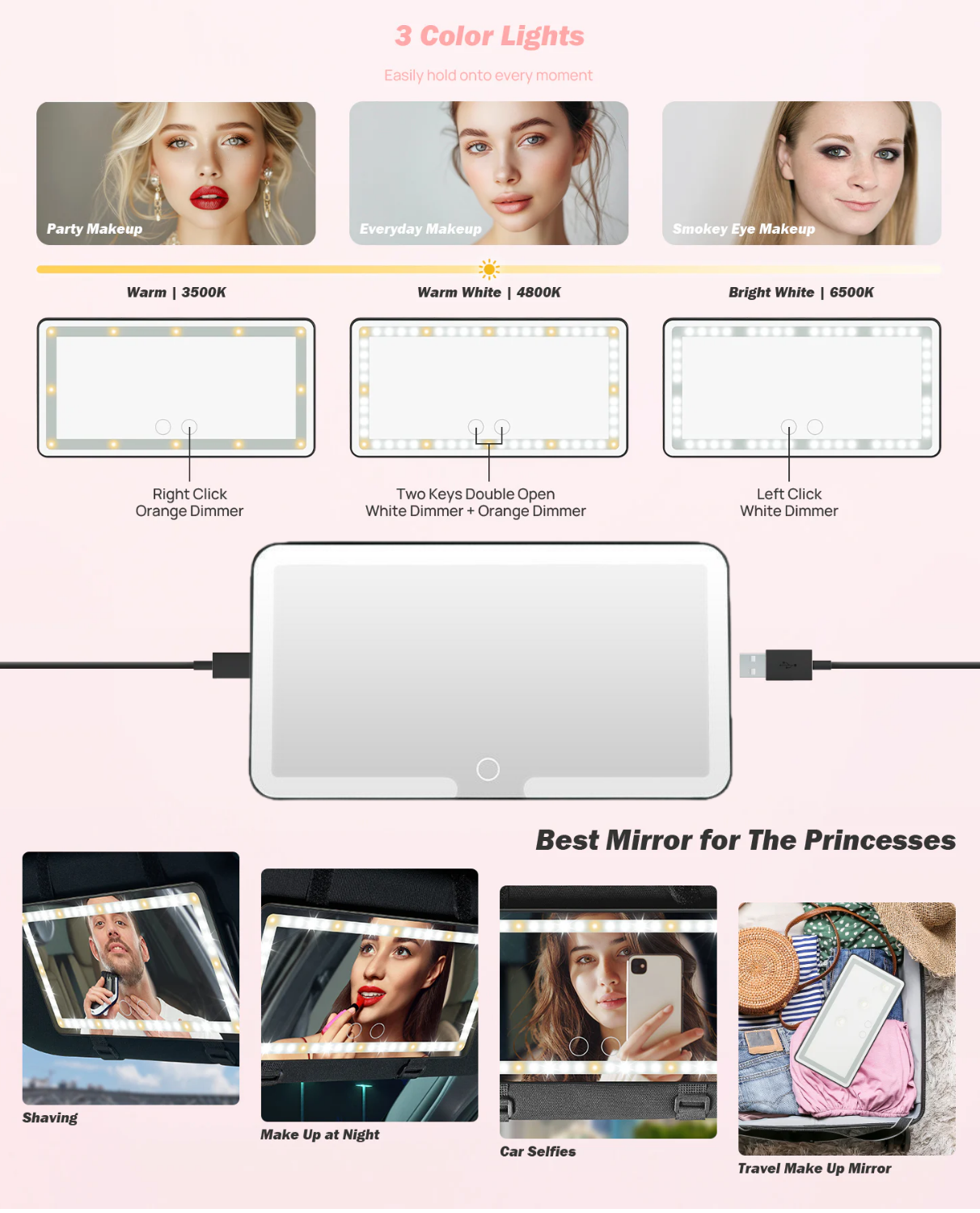 Car Sun Visor Vanity Mirror with 3 Light Modes & 60 LEDs