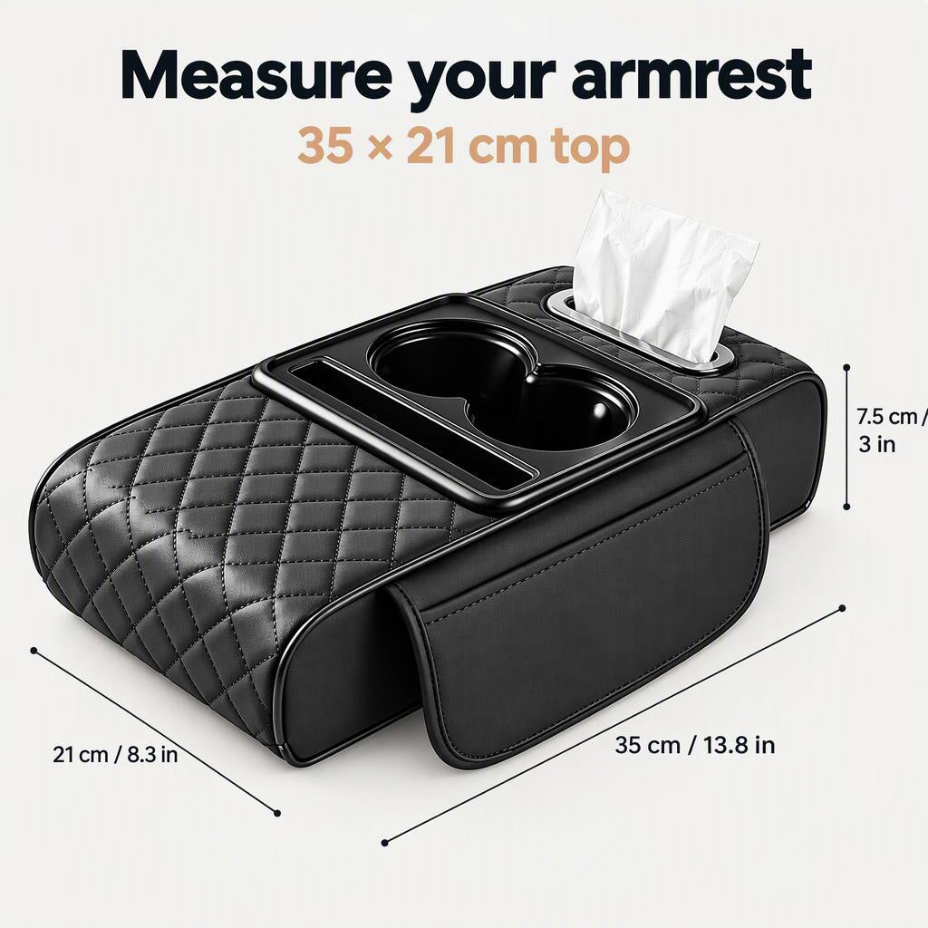Multi-Functional Leather Car Armrest Organizer size and details