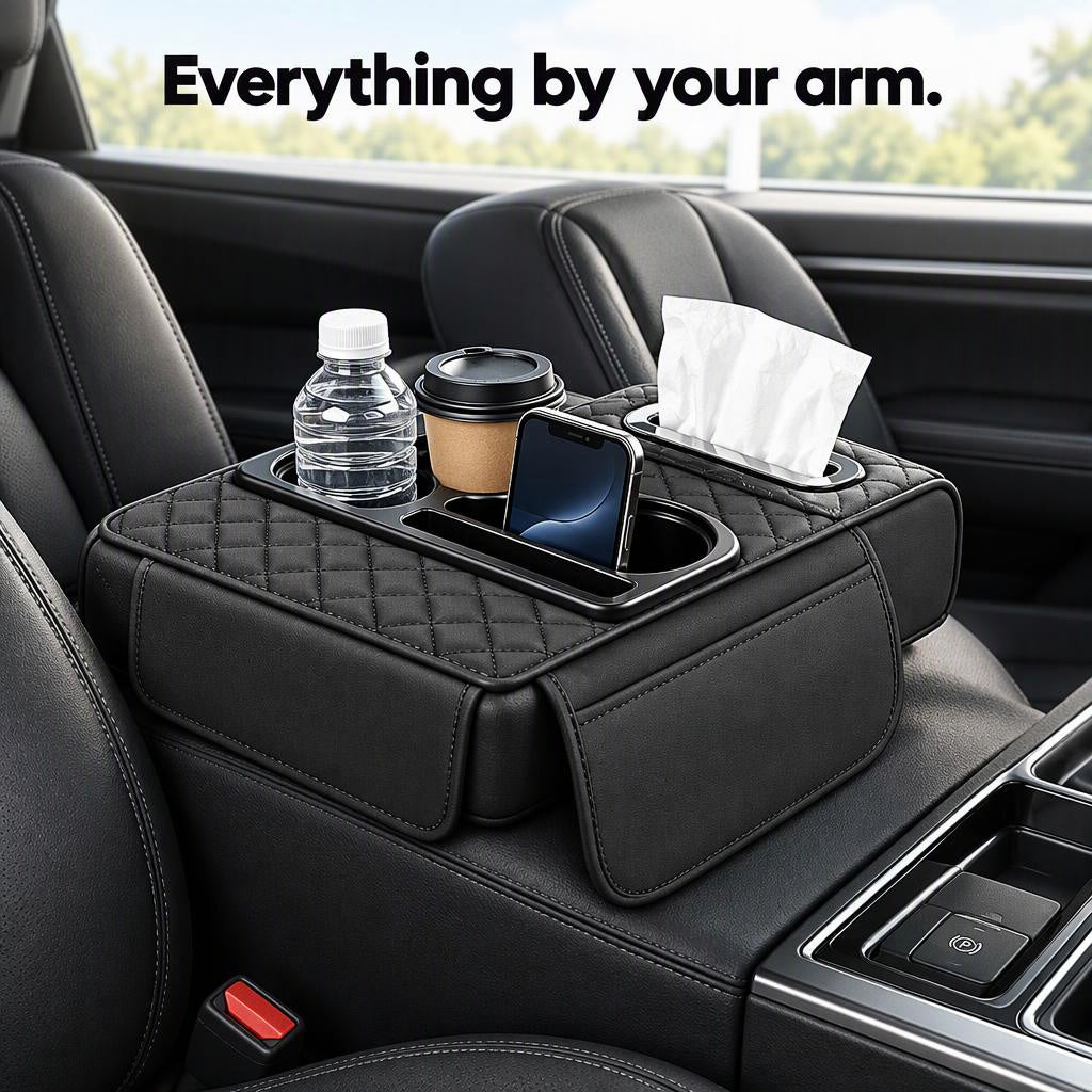 Multi-Functional Leather Car Armrest Organizer in use